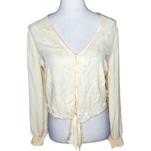 🦋Self ❤E Lace & Fringe Blouson Sleeve Tie Front Crop Top